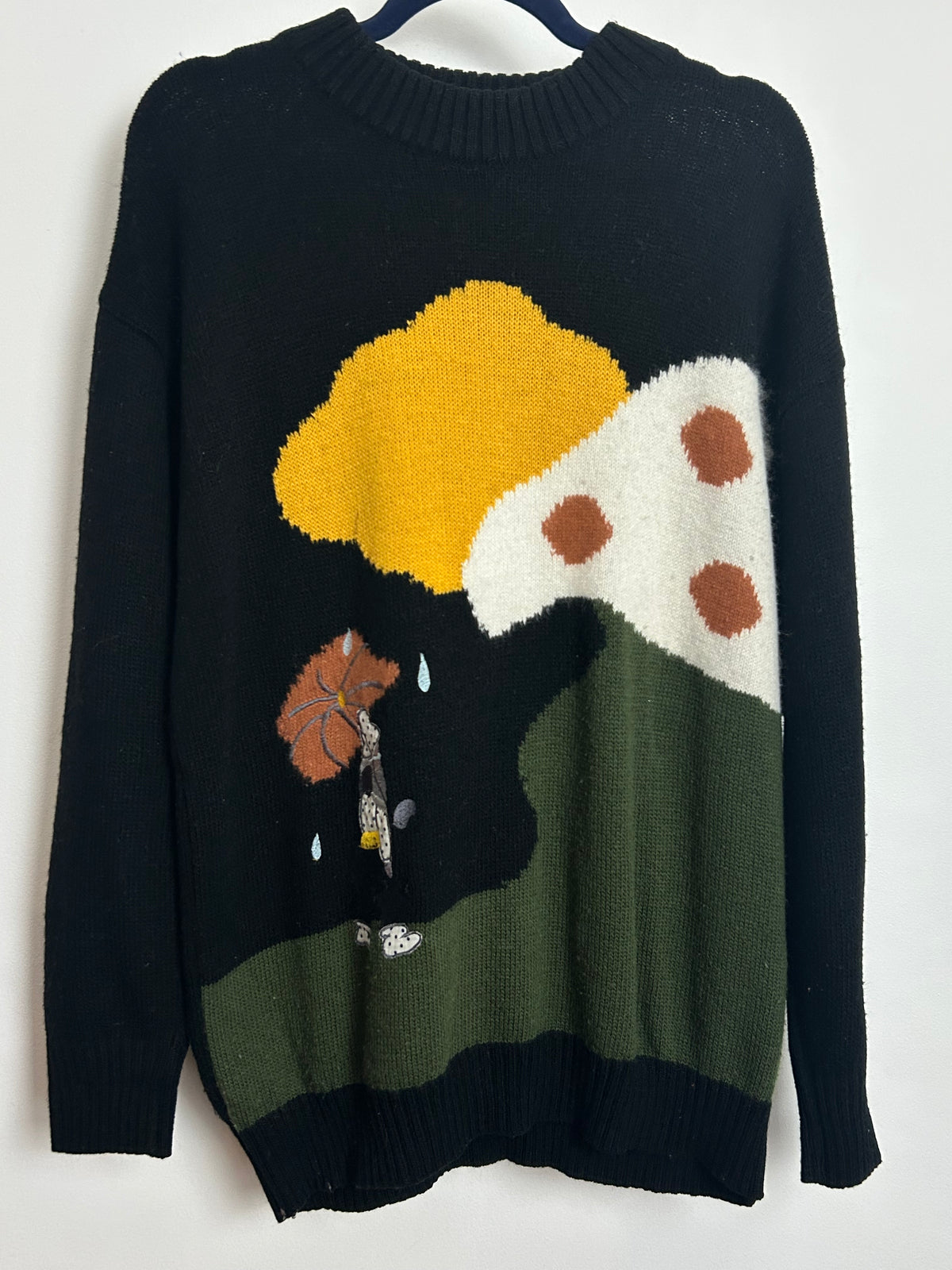 Vintage 1980s Size L (Up to Size 16) Black Mustard & Cream Figurine With Brolly Applique Long Sleeve Jumper
