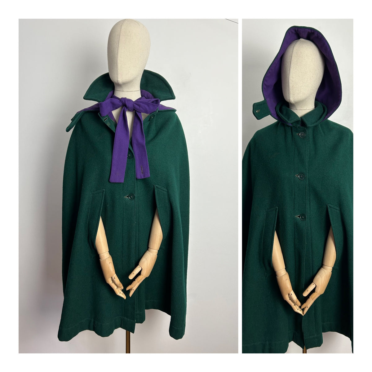 Vintage 1950s (Possibly 1940s) RARE LILLYWHITES OF PICADILLY UK Size 8-10 Bottle Green Hooded Cape With Purple Pussy Bow Tie