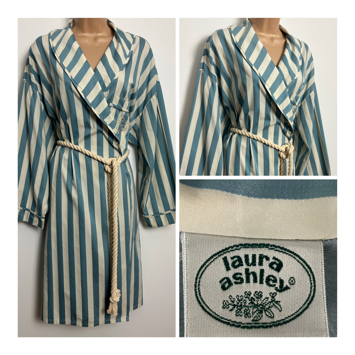 Vintage 1980s LAURA ASHLEY Size 12-14 Blue & White Stripe Cotton Dressing Gown