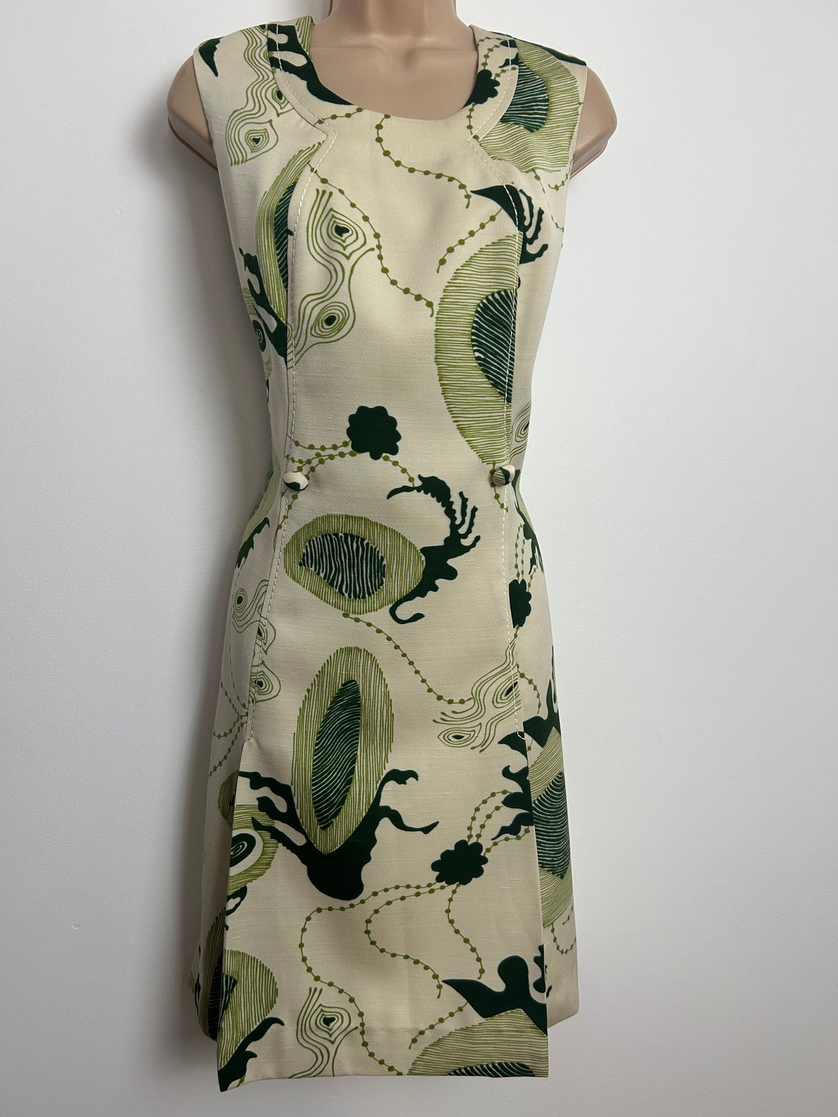 Vintage 1960s Size 12 Cream & Green Abstract Print Sleeveless Mod Shift Dress