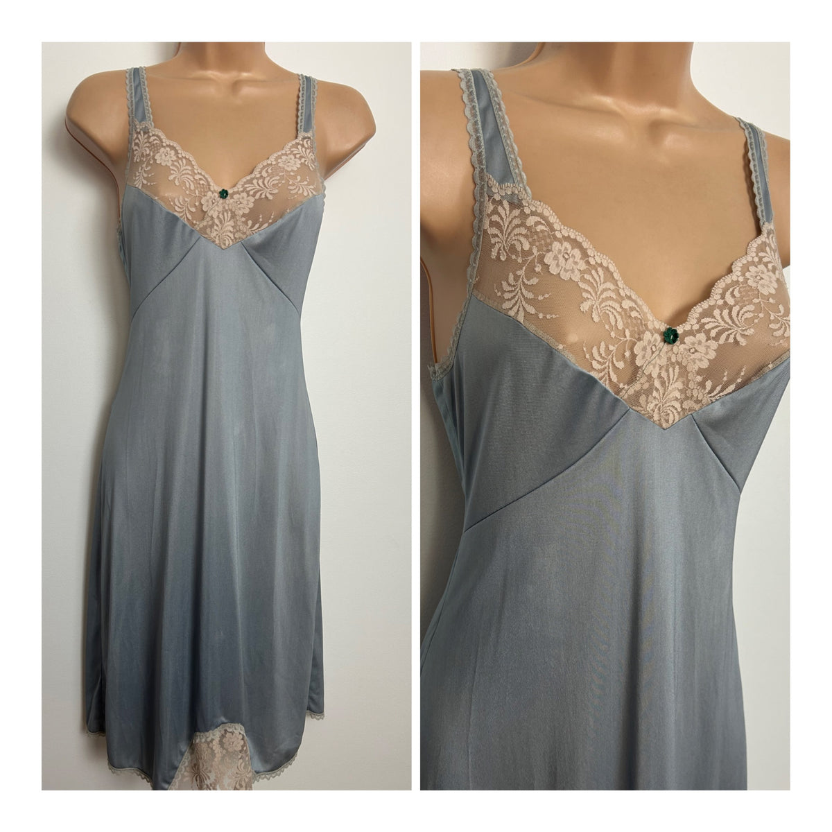 Vintage 1970s TRIUMPH INTERNATIONAL Size 8 Blueish Grey Lace Trim "Jasmin" Slip