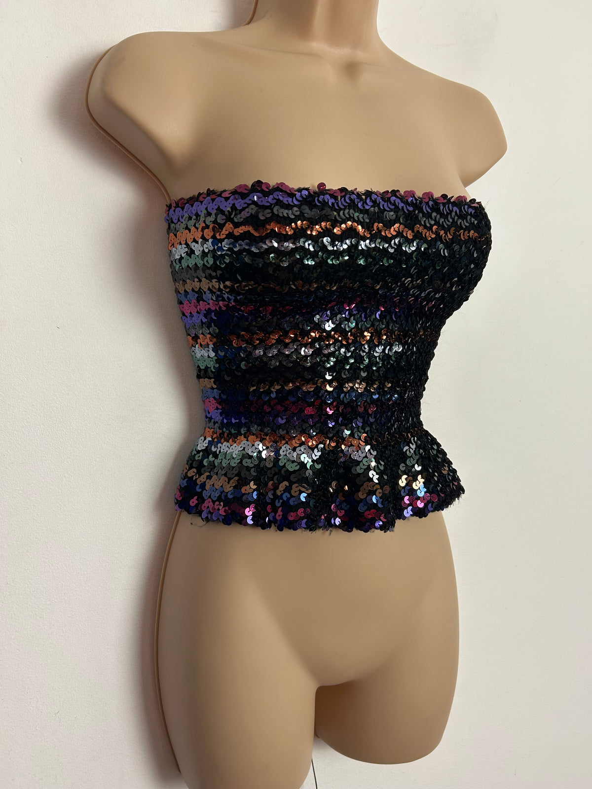 Vintage 1980s Up To size 10/12 Strapless Sequin Stretchy Peplum Style Bandeau Disco Party Top
