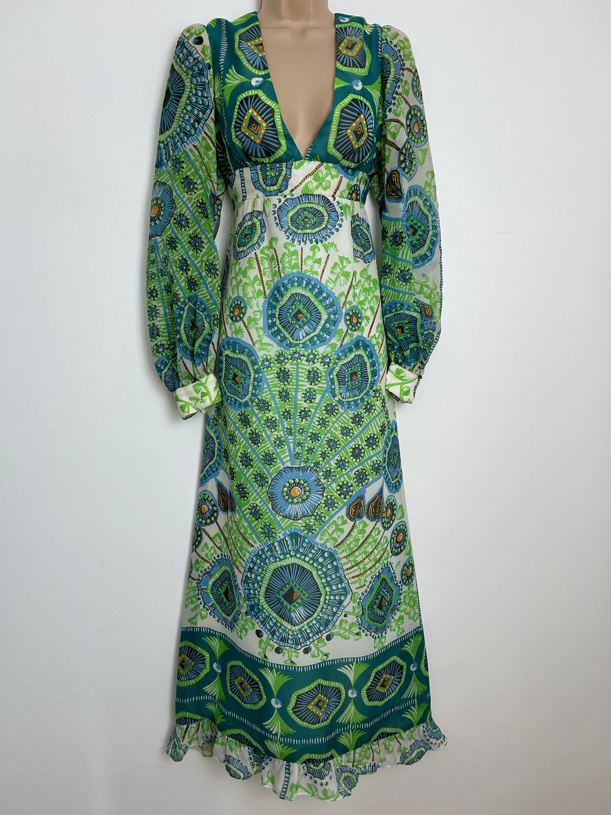 Vintage 1970s MISS NOVELL Size 10-12 Cream Teal & Green Abstract Print Long Sleeve Maxi Dress