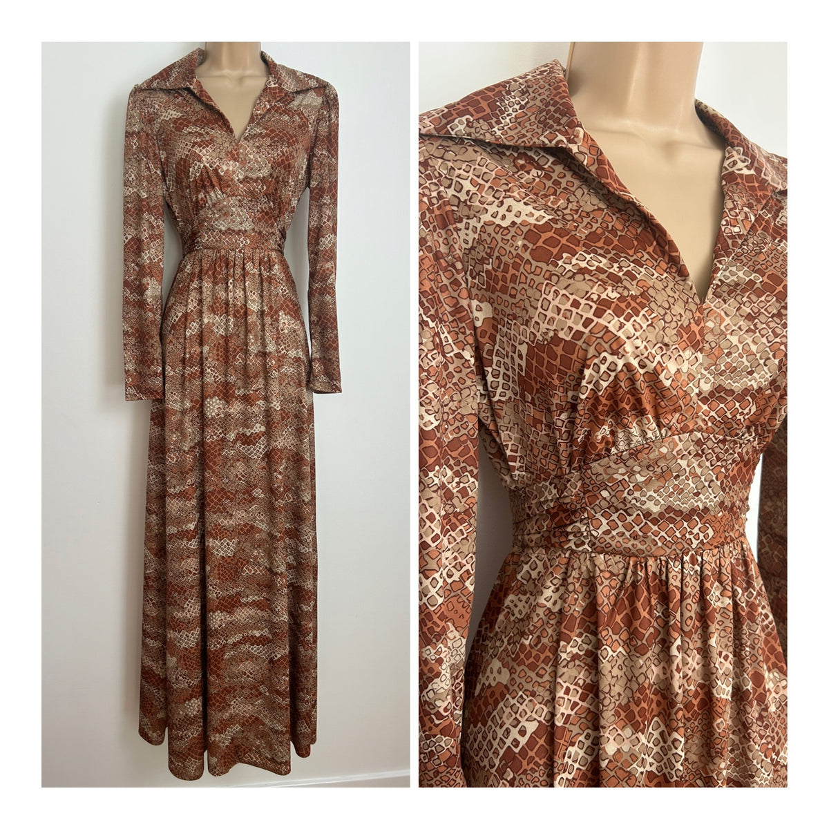 Vintage 1970s Size 10 Brown Tones Animal/Snake Skin Print Long Sleeve Tie Back Maxi Dress