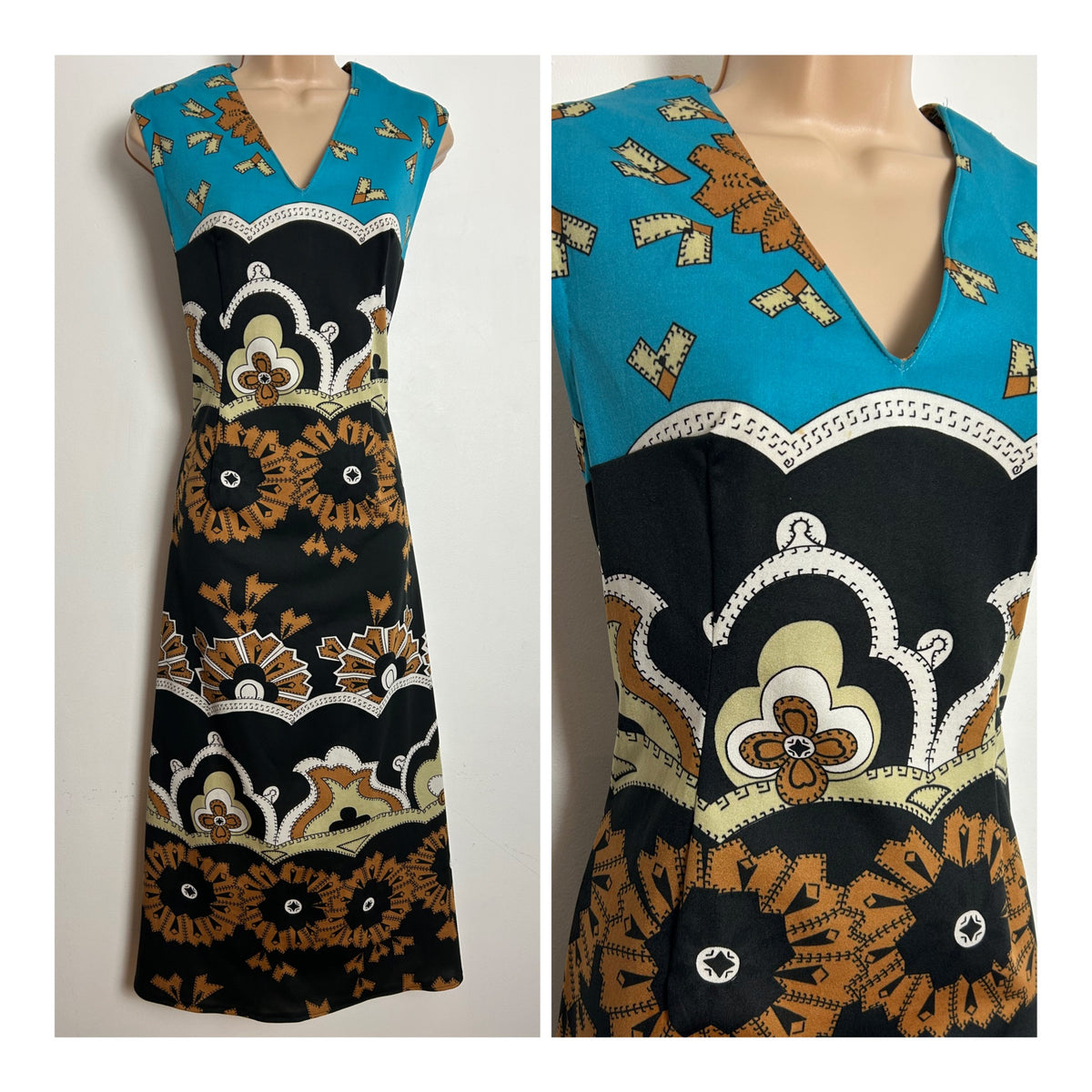 Vintage 1970s Size 8-10 Black Turquoise & Brown Abstract Print Sleeveless Midaxi Dress