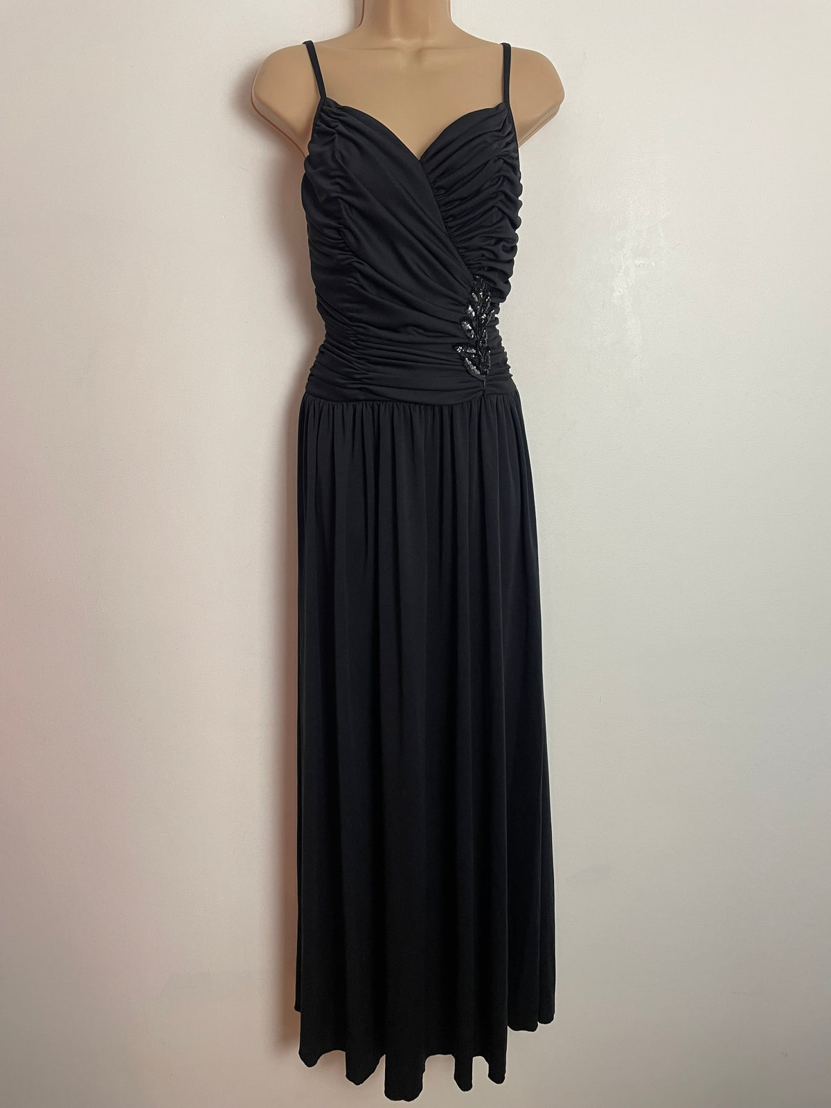 Vintage Late 1970s UK Size 8 Black Ruched & Sequin Detail Evening Occasion Maxi Dress