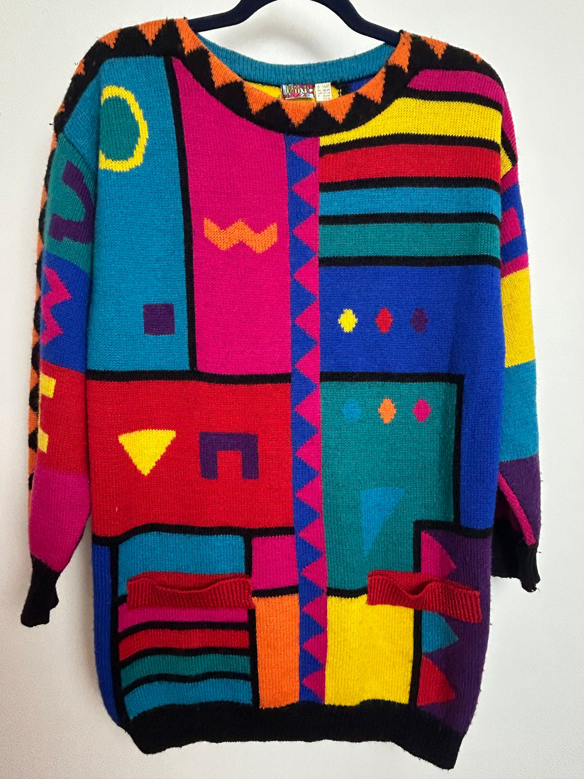 Vintage 1980s BIRDS OF Size 12-14 Bright Multicolour Abstract Geo Print Wool Mix Jumper