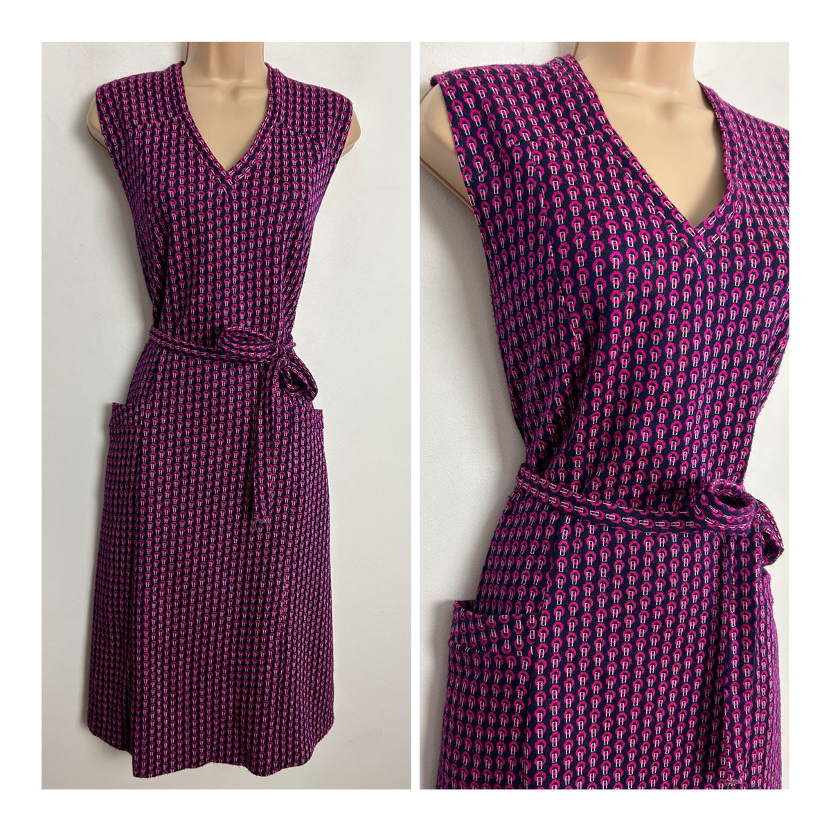 Vintage 1970s UK Size 14 Black & Dark Pink Abstract Print Sleeveless Belted Pocket Detail Poly Jersey Mod Dress