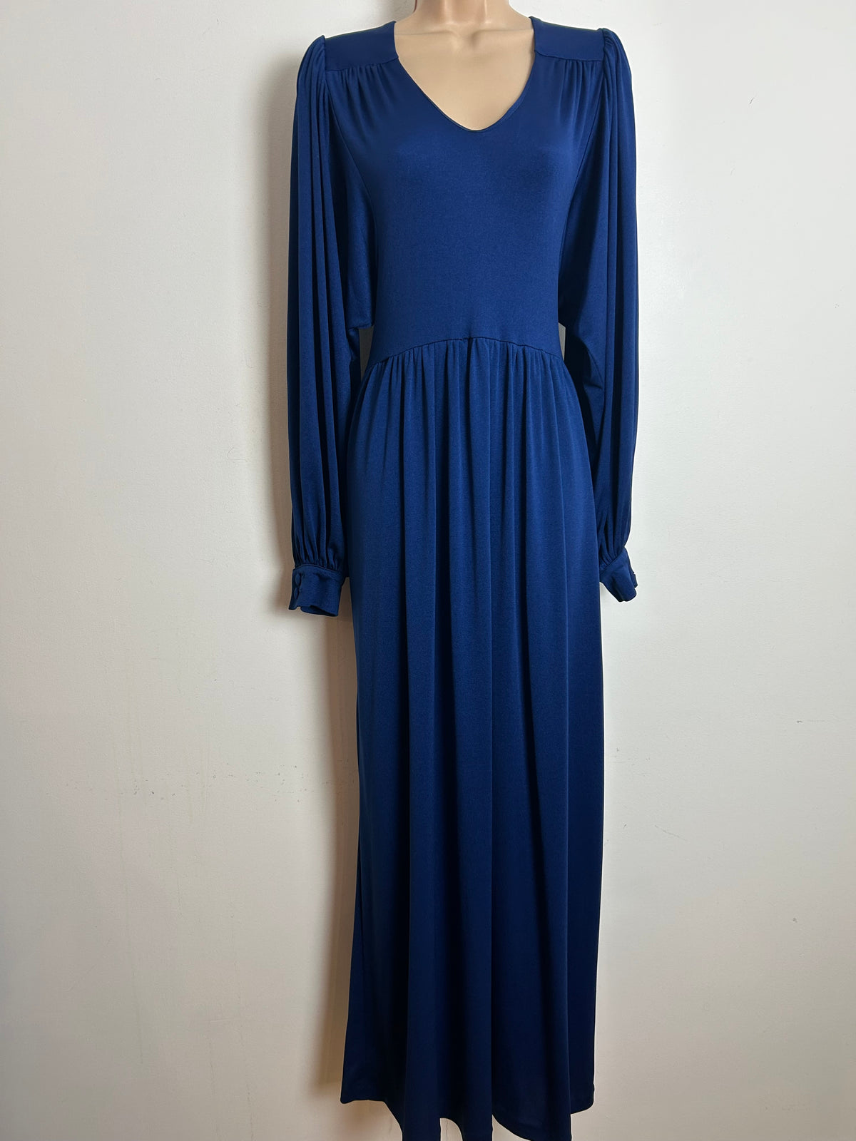 Vintage 1970s EMCAR Size 10-12 Navy Blue Long Billowy Balloon Sleeve Empire Line Maxi Dress