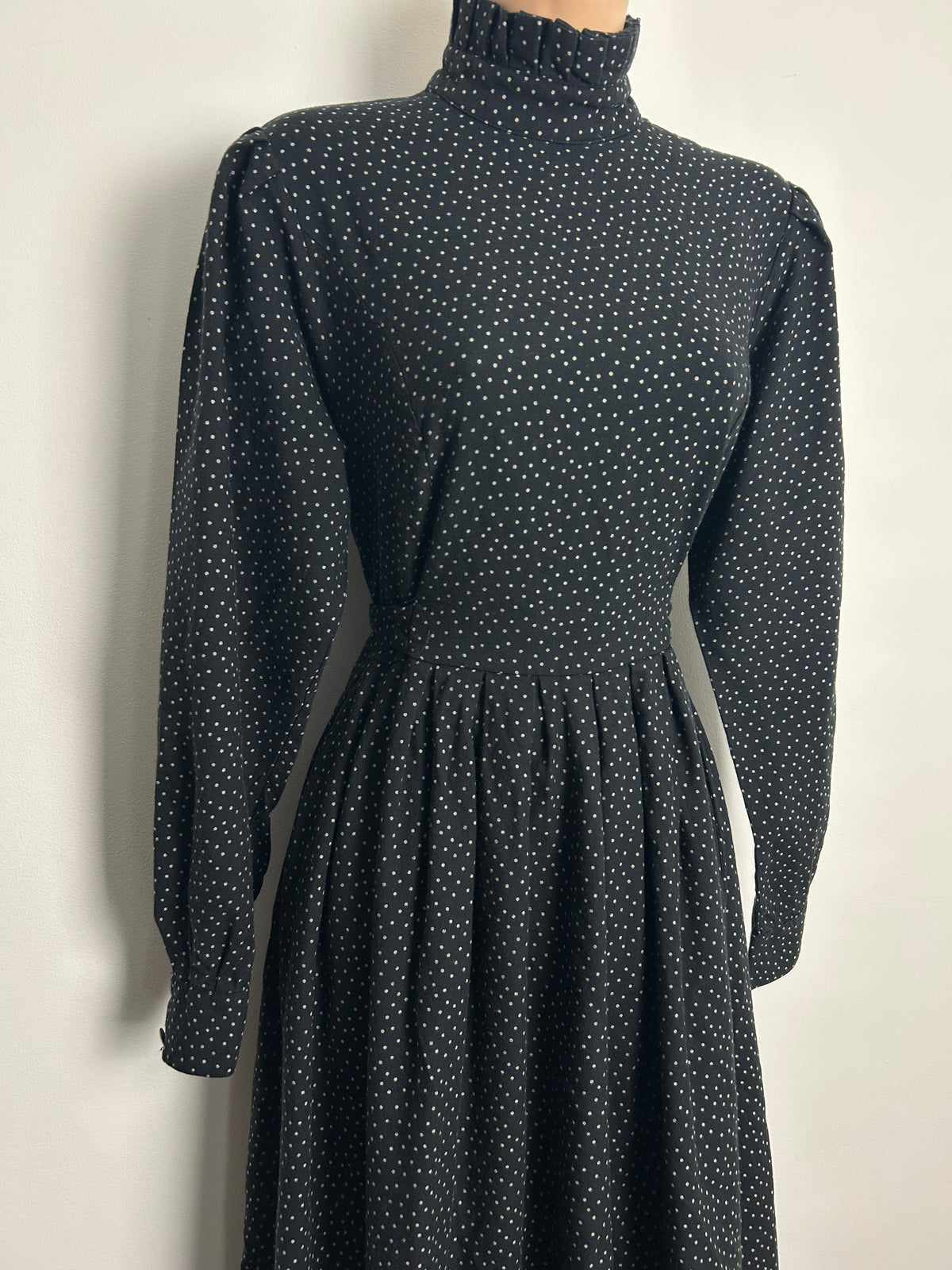Vintage Early 1980s LAURA ASHLEY Size 12/14 (14 On Label) Black Polka Dot Tie Back Wool Mix Midi Dress