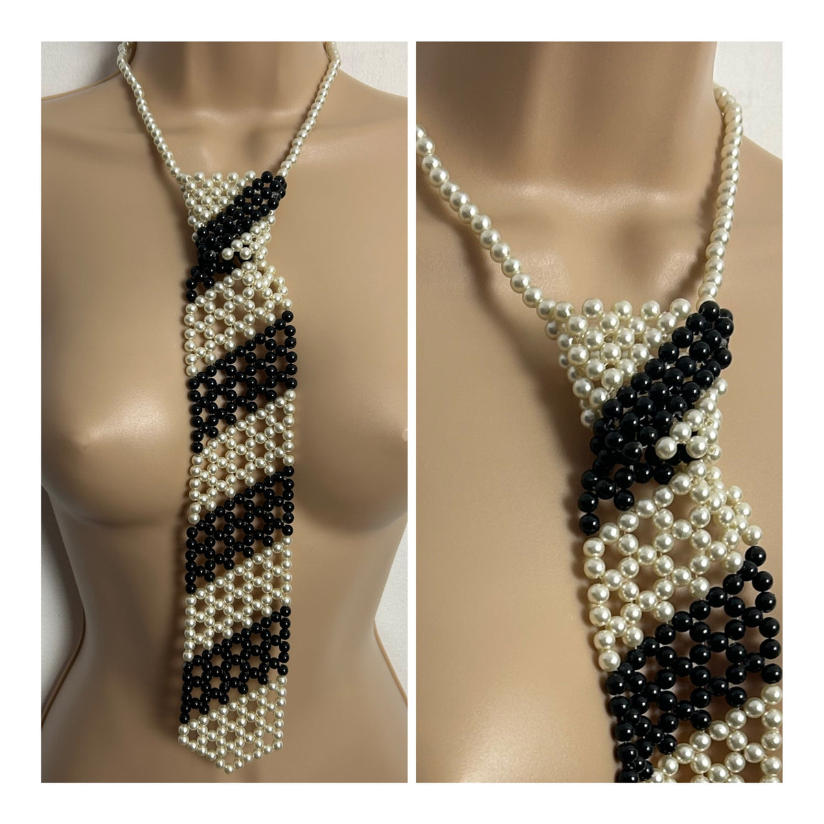 Vintage Circa 1970s Gorgeous Faux Black & White Pearl Tie Novelty Necklace