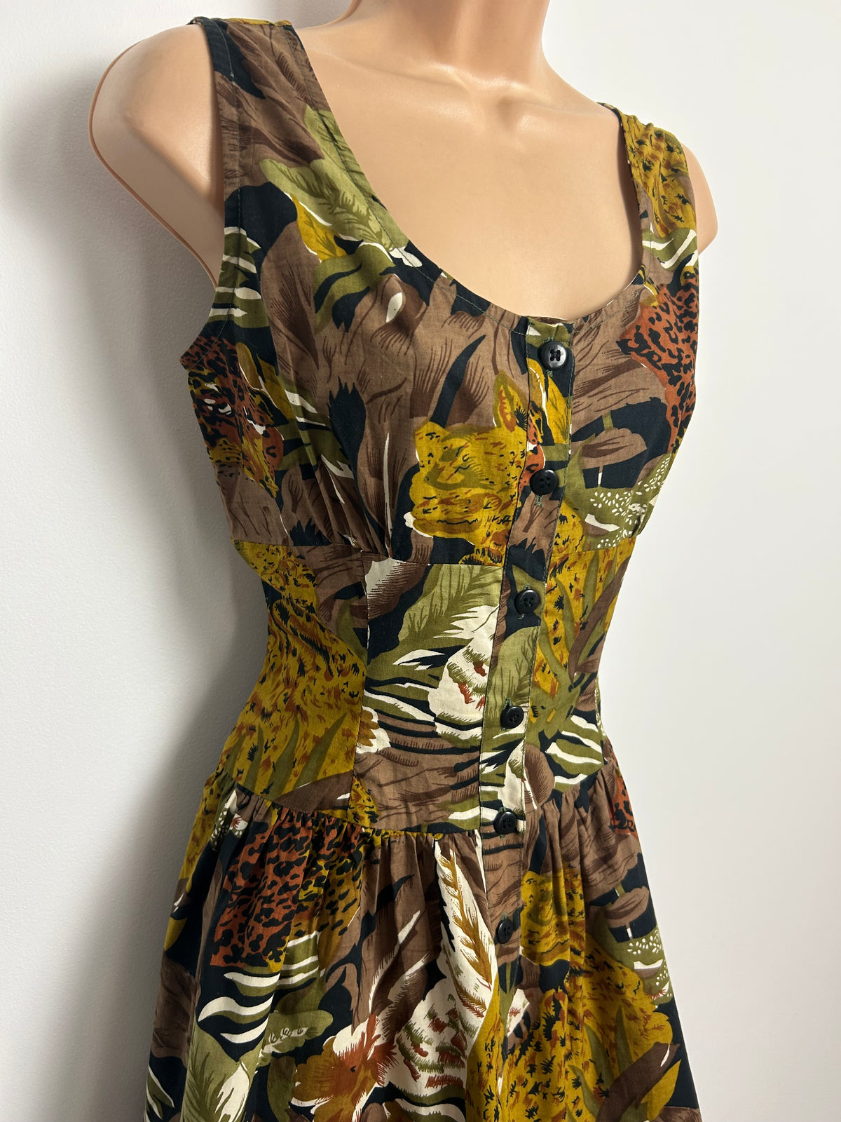 Vintage 1980s Size 10 Brown & Green Tones Jungle Print Cotton Romper/Playsuit