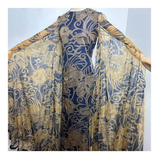 Vintage 1970s JEAN ALLEN Size 8-10 AMAZING Dark Blue & Mid Brown Floral very WIDE Full Length Sleeve Occasion Maxi Dress