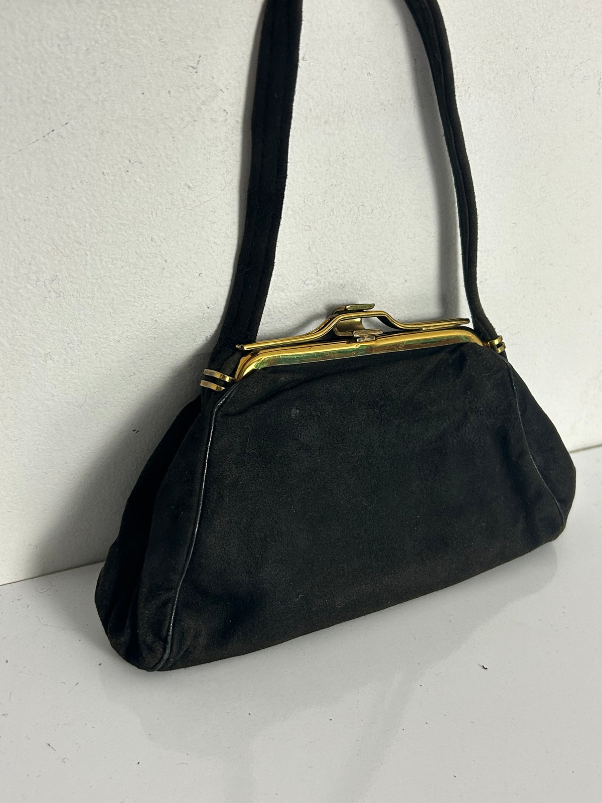 Vintage 1940s Black Suede & Gold Tone Frame Mini Handbag