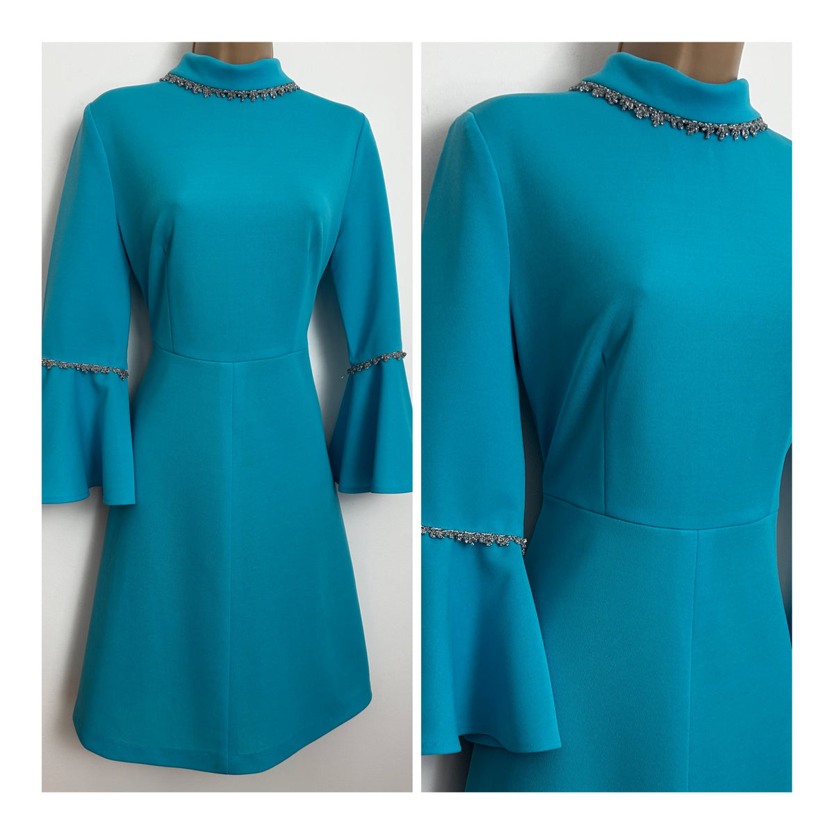 Vintage 1970s Size 8-10 Turquoise & Silver Braid Trim Flared Cuff Fit & Flare Occasion Dress