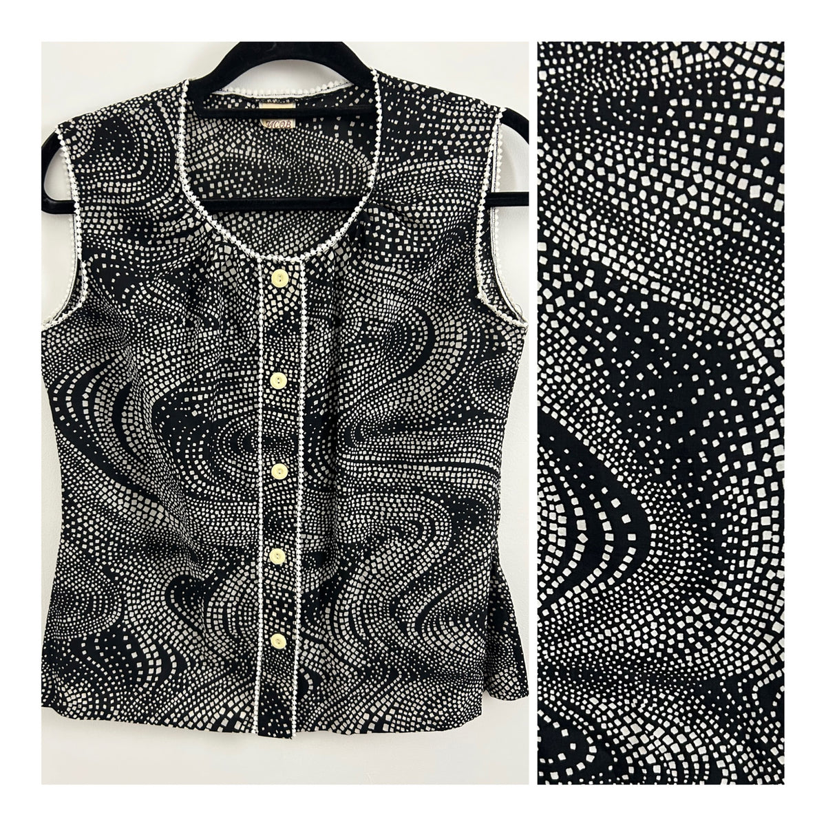 Vintage 1970s JACOB Size 12 Pretty Black & White Abstract Geo Print Sleeveless Blouse/Top
