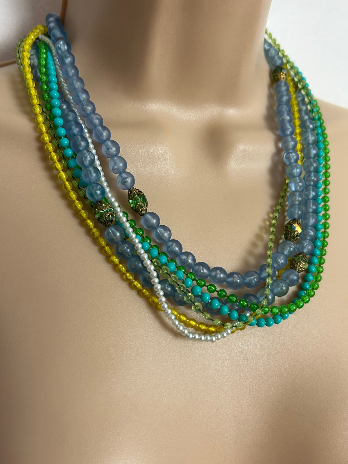 Vintage 1960s Blue Green & Yellow Plastic Bead Multi Strand Necklace With Pretty Clasp