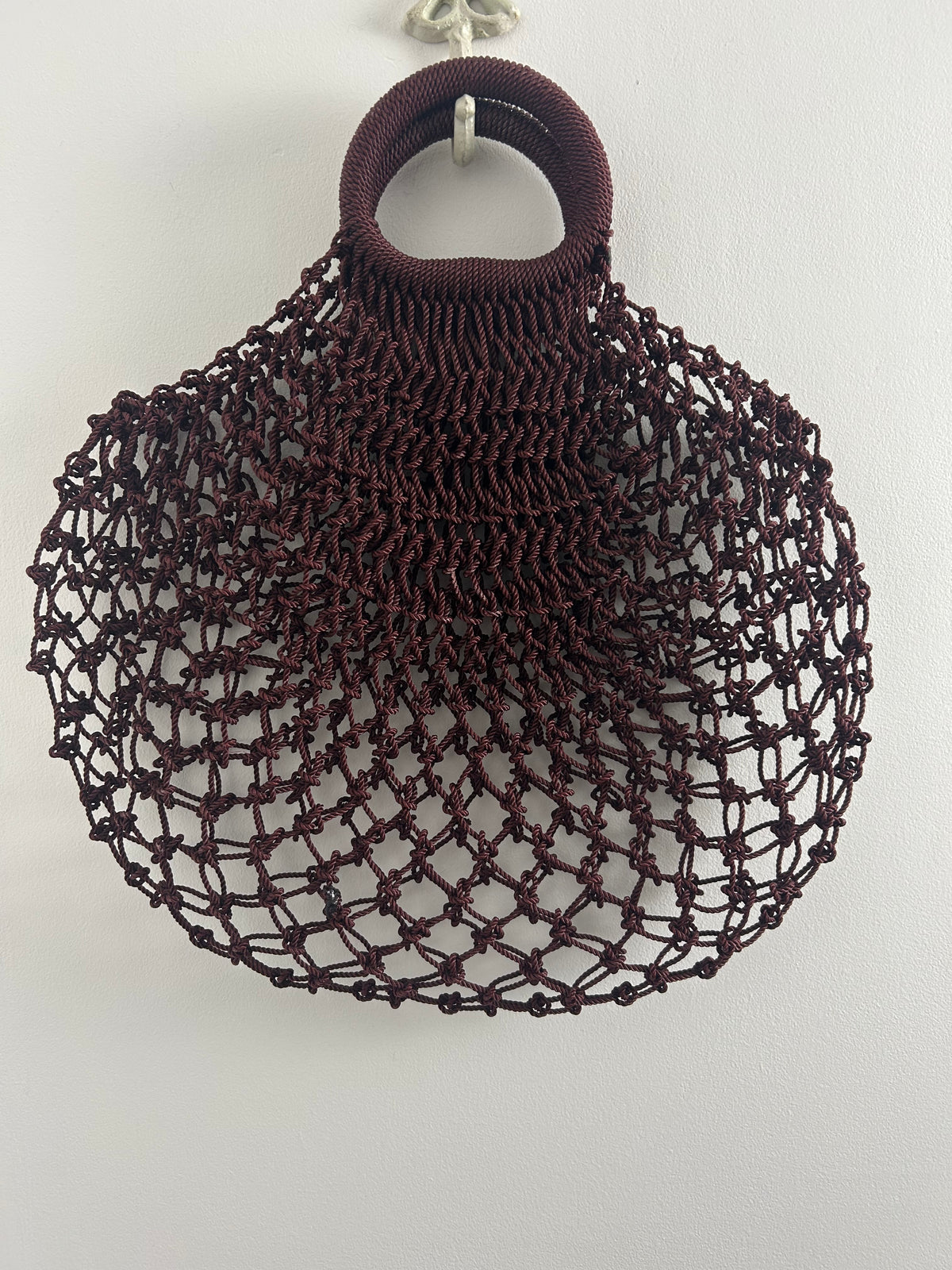 Vintage 1960s Dark Brown Macrame Knotted Style Plastic Handled Shopping Bag