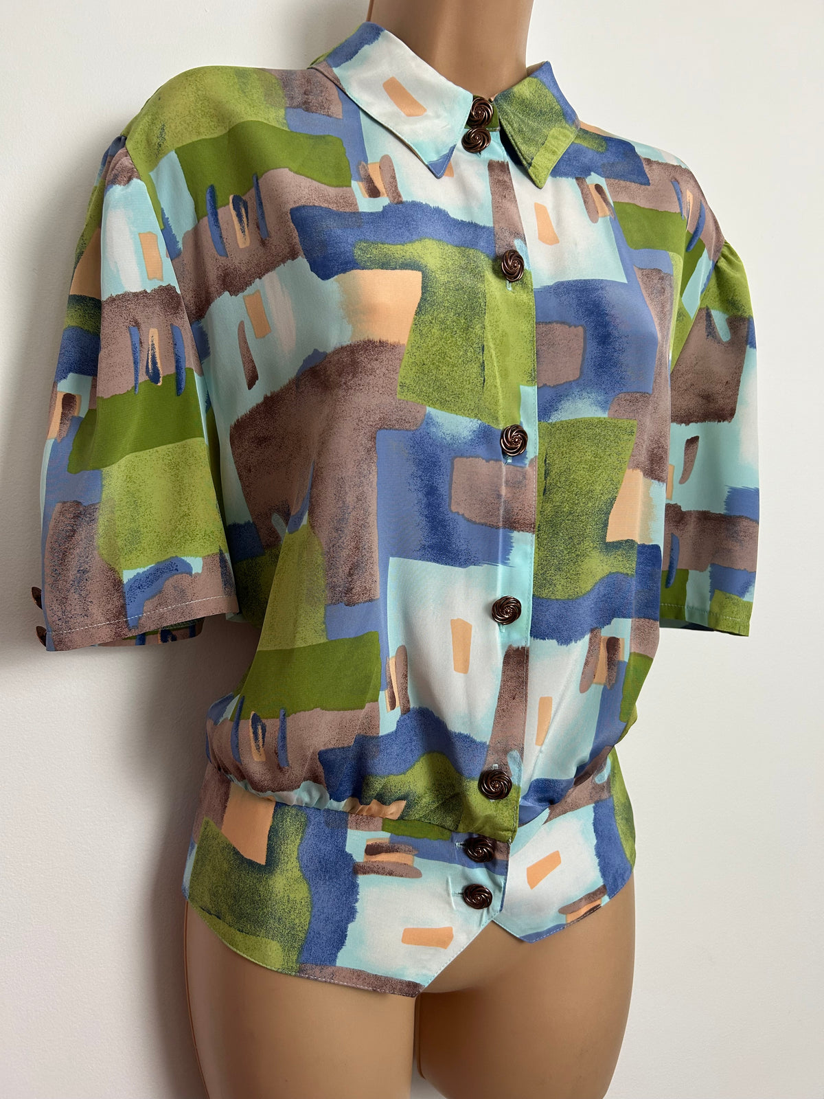 Vintage 1980s Size 16-18 Green Blue & Brown Abstract Print Peplum Waist Blouse
