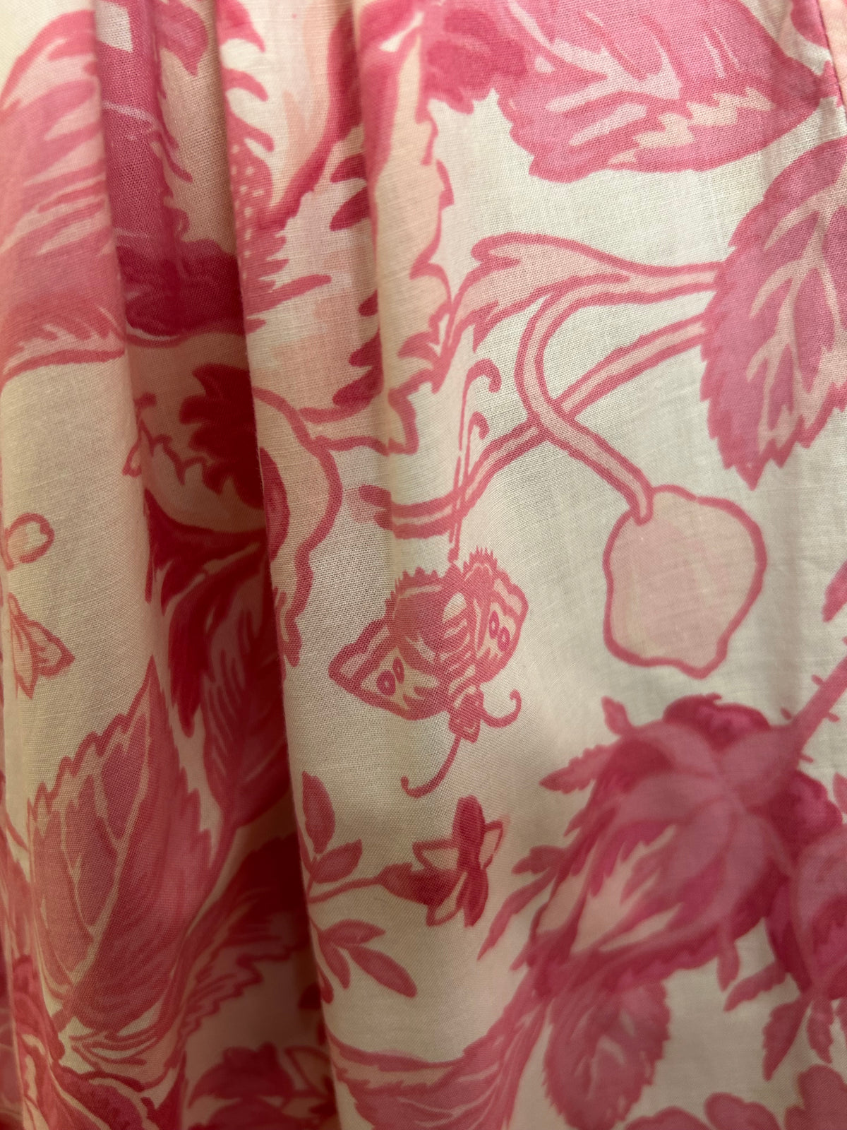 Vintage 1980s LAURA ASHLEY Size 10 (14 On label) Pink & white Floral Bird & Butterfly Print Cotton Midi Dress