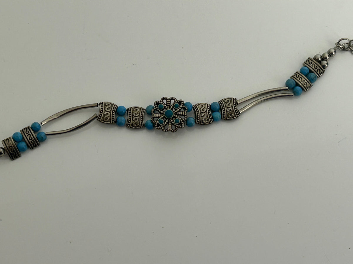 Vintage Silver Tone & Turquoise Beaded Boho Ethnic Style Bracelet