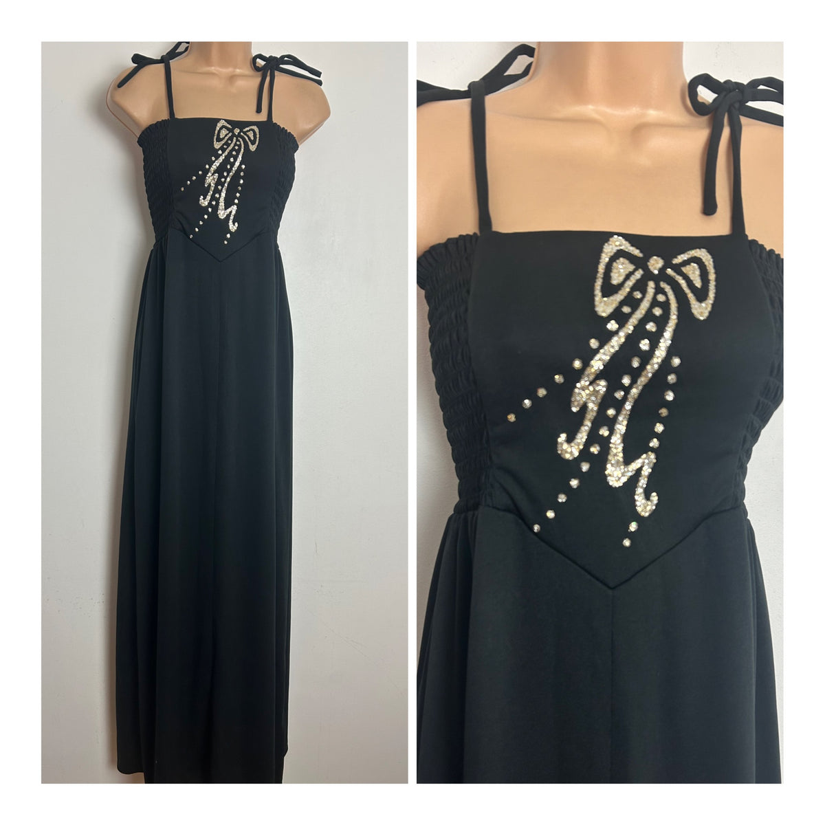 Vintage 1970s Size 10-12 Black Tie Shoulder Shirred Bodice Gold Glitter Bow Detail Maxi Dress