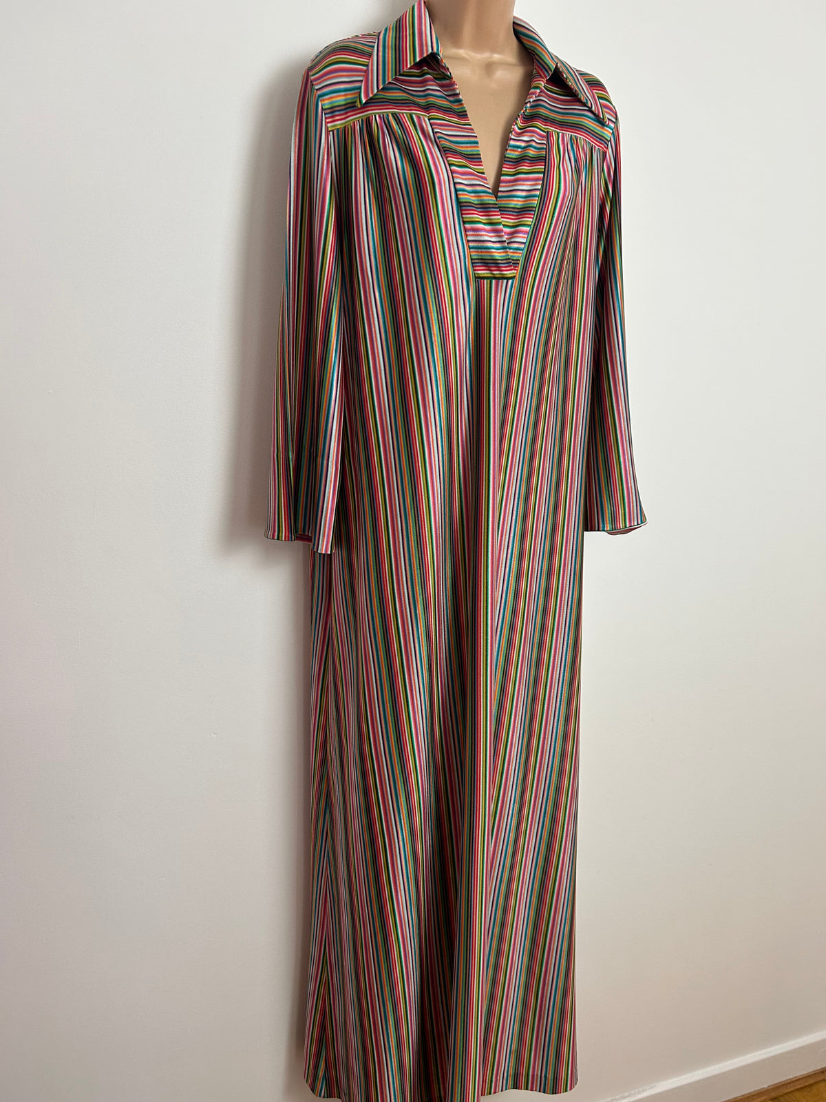 Vintage 1970s Up To Size 16 ST MICHAEL Green Pink Red Yellow Stripe Print Dagger Collar Kaftan Maxi Dress