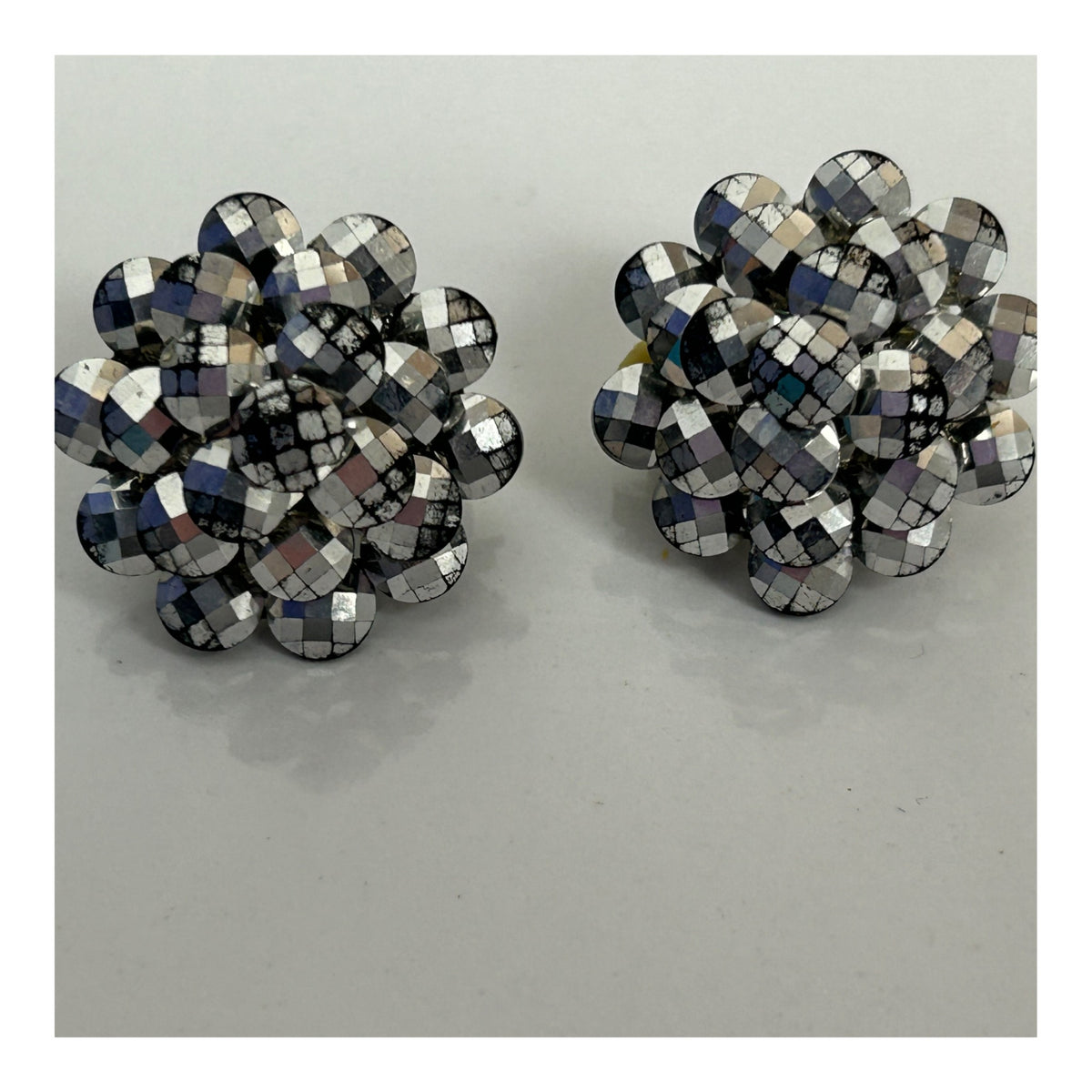 Vintage 1960s Gorgeous Silver Disco Ball Effect Cluster Clip On Earrings