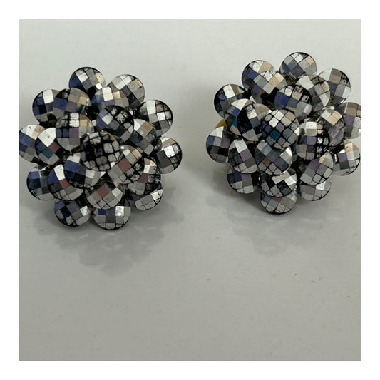 Vintage 1960s Gorgeous Silver Disco Ball Effect Cluster Clip On Earrings