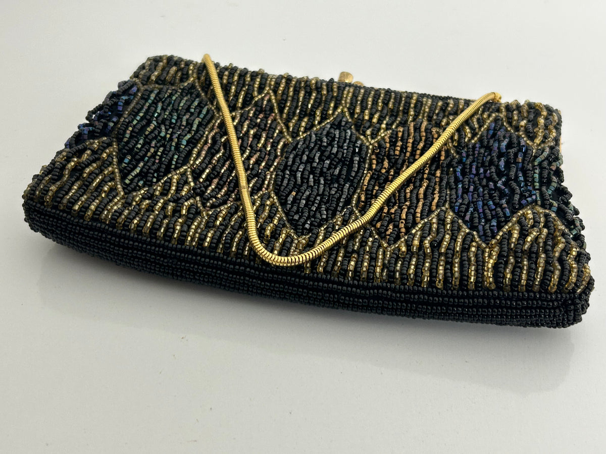 Vintage 1960s Handmade In Hong Kong Small Beaded Evening Bag With Snake Chain Handle