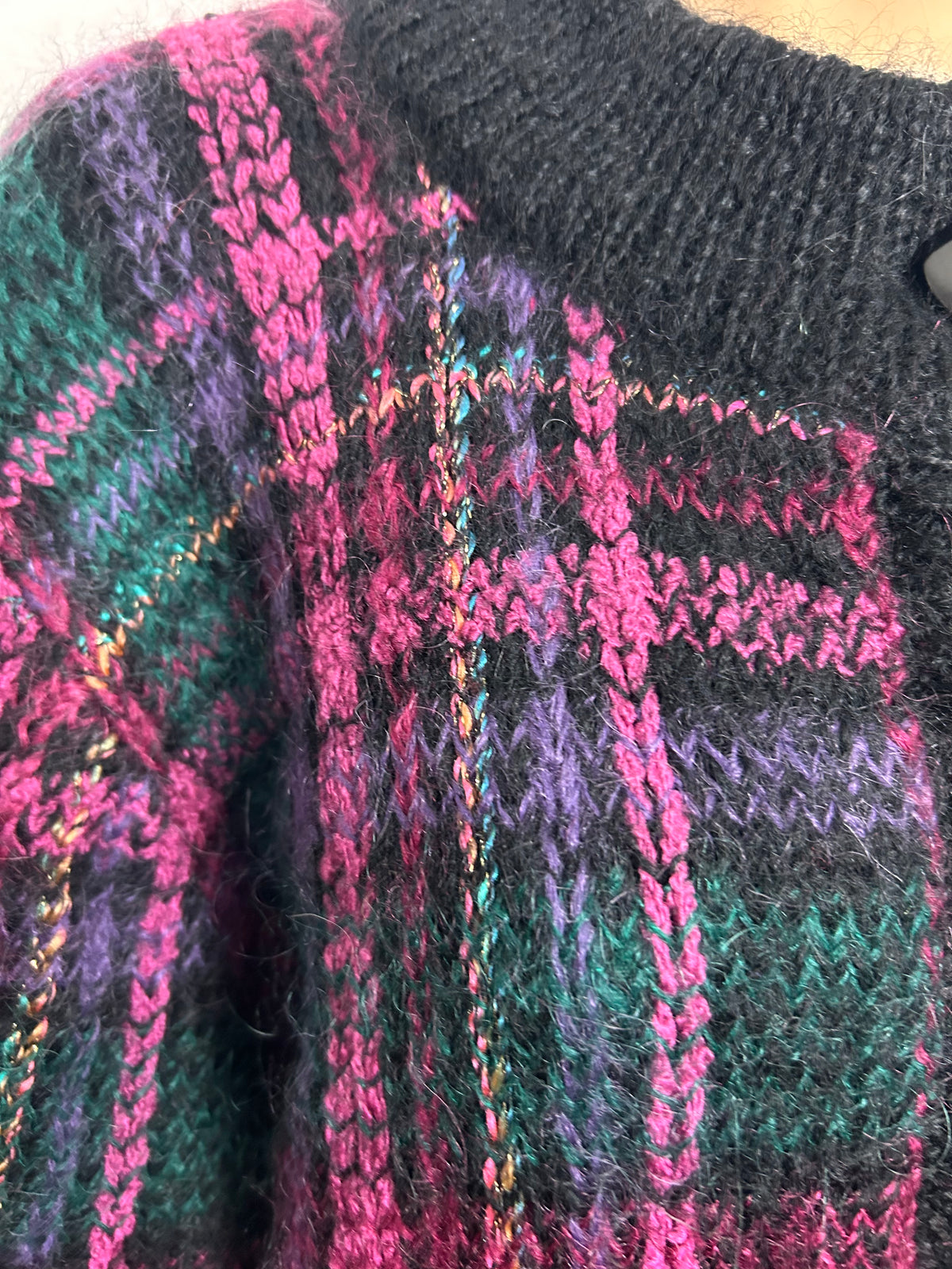 Vintage 1980s Up To Size 14 Black Green & Pink Check Mohair Mix Over Sized Cardigan