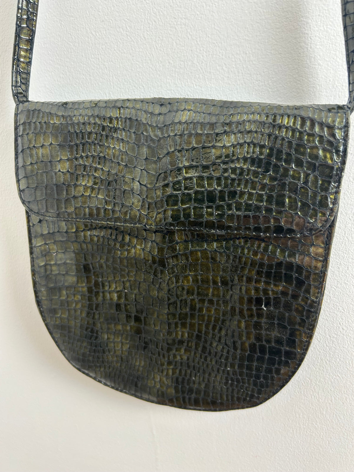 Vintage 1980s Cute Little Very Dark Green Mock Reptile Skin Shoulder Bag