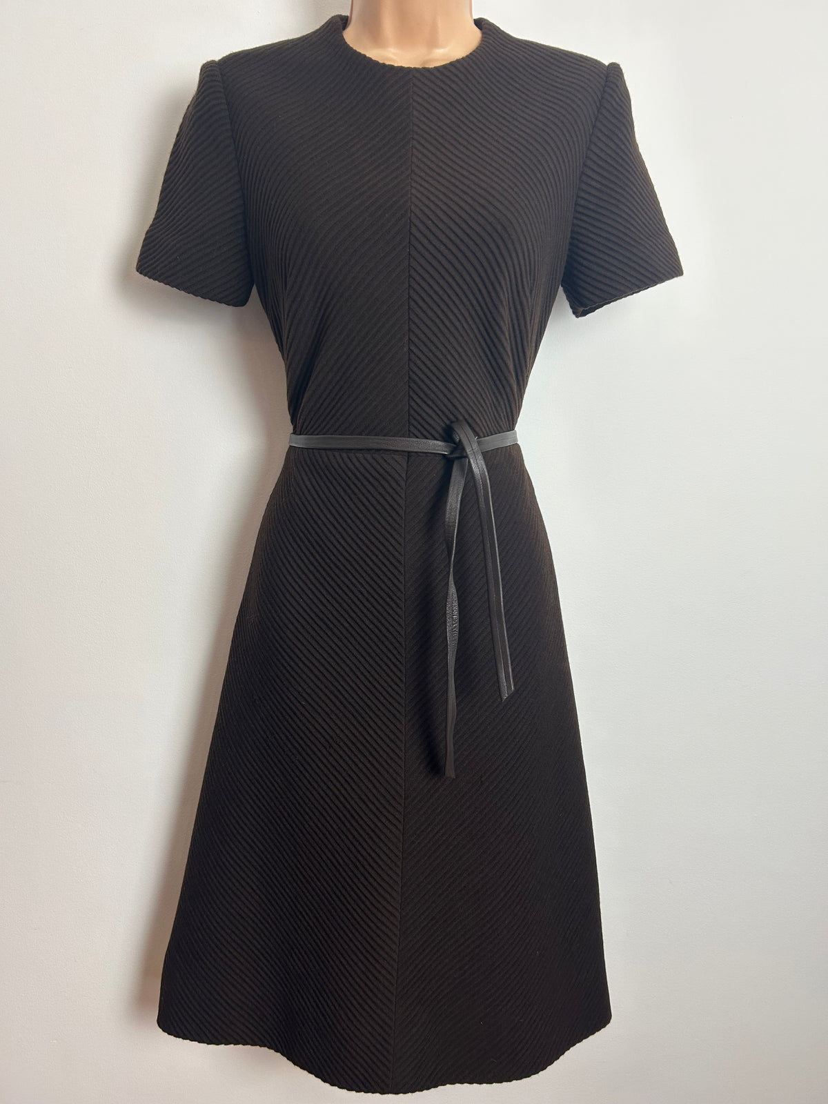 Vintage 1960s JAEGER Size 8-10 Chocolate Brown Chevron Texture All Wool Belted Mod Dress