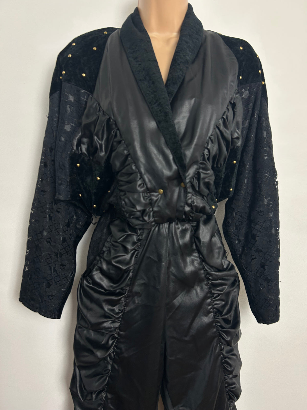 Vintage Extreme 1980s ST DENIS Size 10 Black Ruched Wet Look Studded New Romantic Gothic Vibes Jumpsuit