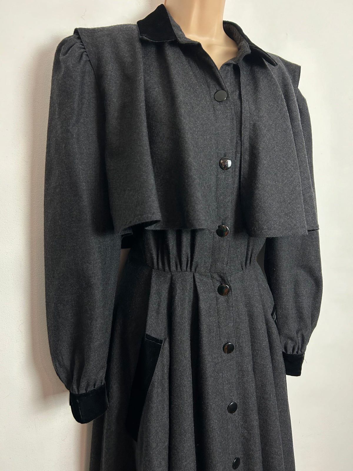 Vintage 1980s UK Size 10 Dark Grey & Black Velvet Trim Cape Style 100% Wool Long Sleeve Midi Dress
