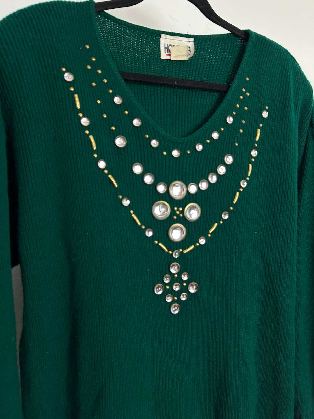 Vintage 1980s One Size Up To Size 18 Dark Green Jewel Bead Embellished Jumper