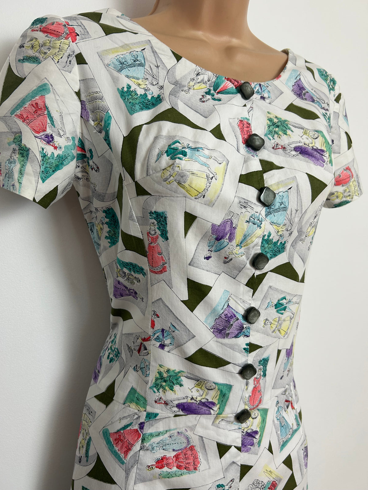 Vintage Late 1950s Size 10 White Fashion Scenes Postcard Novelty Print Cotton Summer Wiggle  Day Dress