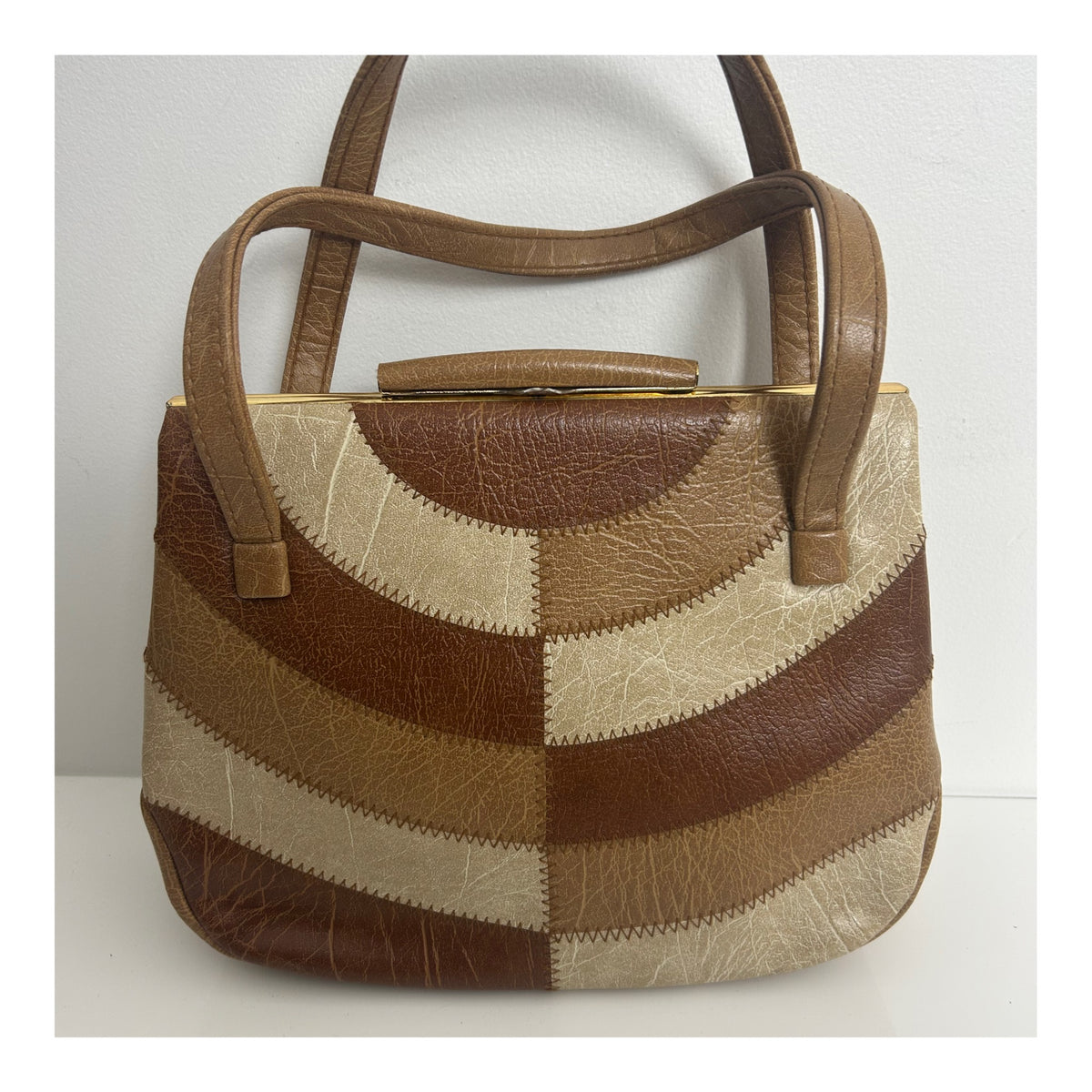 Vintage 1960s WEYMOUTH AMERICA Tan Brown & Beige Faux Leather Patchwork Panels Handbag