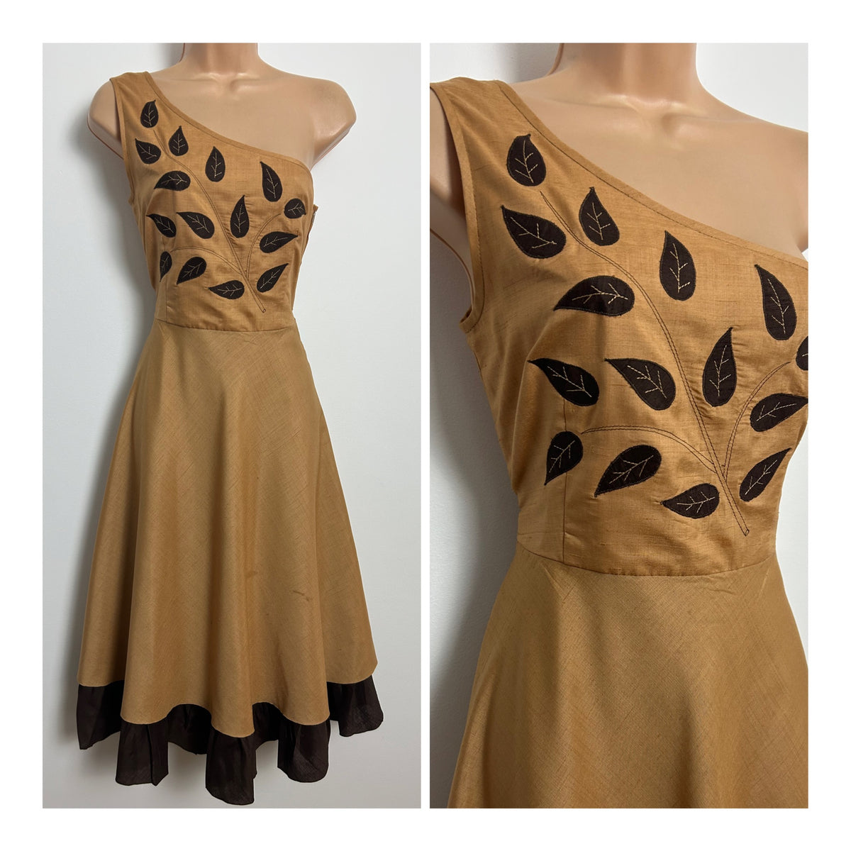 Vintage 1970s Size 8 Brown Tones Leaf Applique Detail One Shoulder Fit & Flare Dress