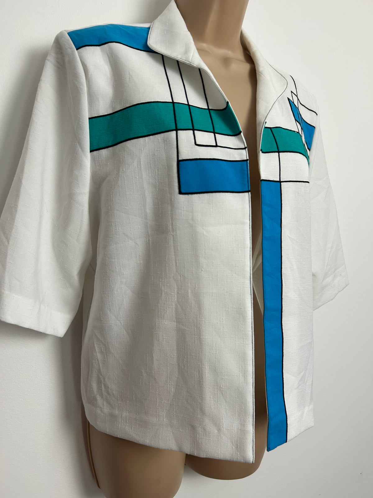 Vintage 1980s Up To Size 14 White Blue & Green Abstract Pattern Open Font Cover Up Shirt