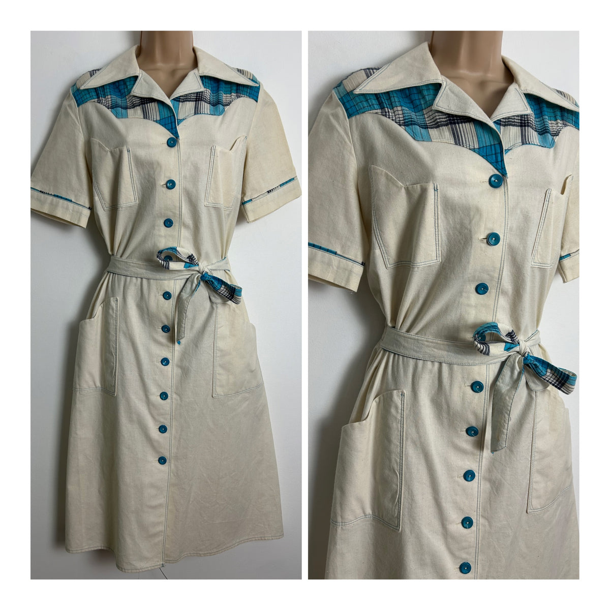Vintage 1970s CANDA INTERNATIONAL Size 12-14 Beige & Blue Check Contrast Cotton Shirt Dress