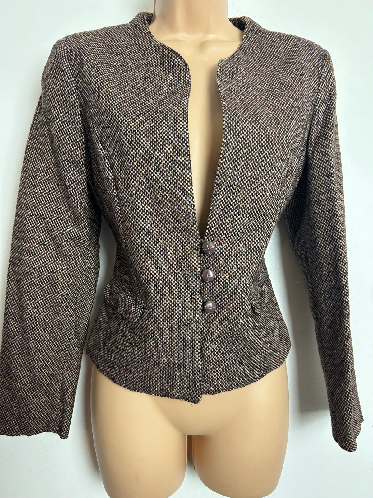 Vintage 1980s PLUM TREE CANADA Size 10 Brown Tweed Wool Mix Collarless Blazer