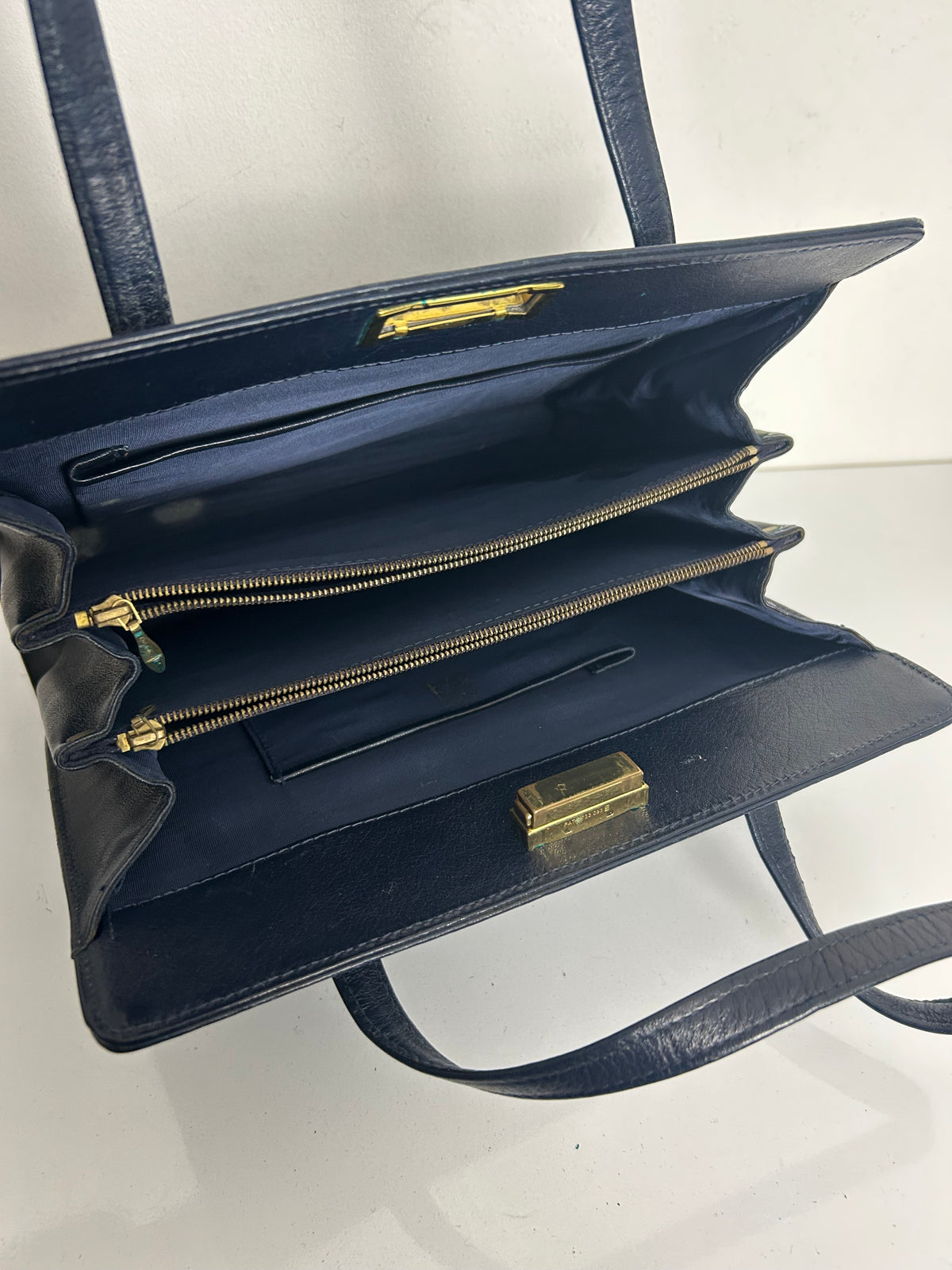 Vintage 1960s Navy Blue Double Handle Kelly Handbag