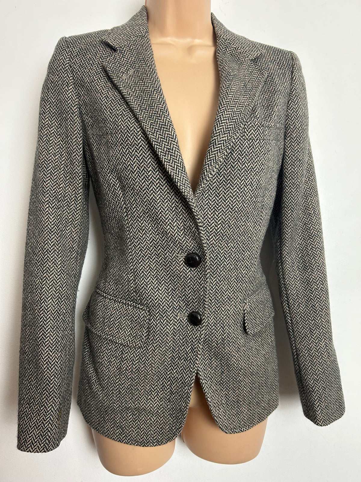 Vintage 1980s HASPEL Size 8 Traditional Wool Teed Herringbone Fully Lined Blazer
