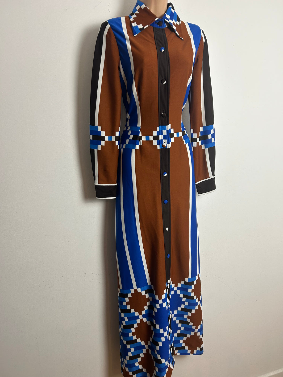 Vintage 1970s TRICOVILLE HANDFASHIONED Size 10 Brown Blue & White Stripe & Geo Print Long Sleeve Maxi Dress
