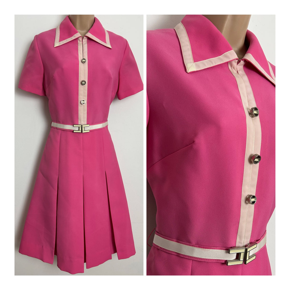 Vintage Late 1960s BERNARD FRERES Size 10 Candy Pink Belted Pleated Mod Dress