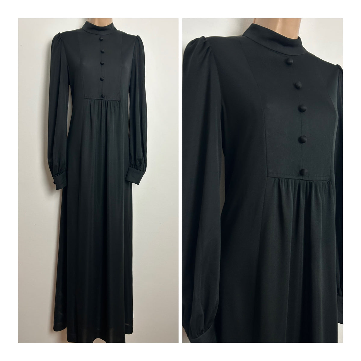 Vintage 1970s DEBENHAMS Size 14 Black Long Sleeve High Neck Classic Black Maxi Dress