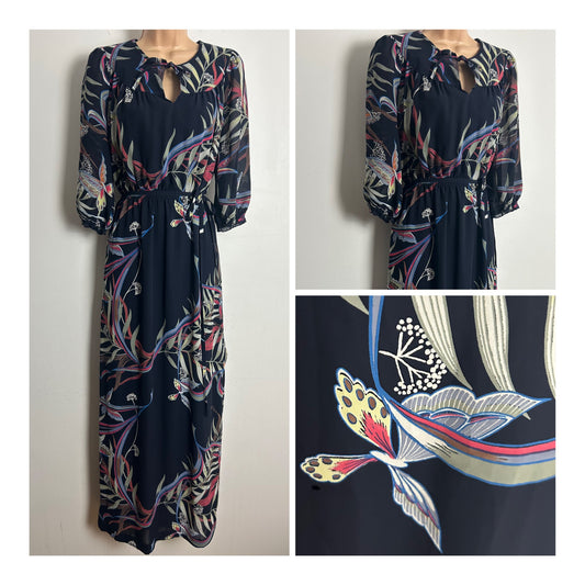 Vintage Late 1970s Size 12 Navy Blue Pink & Beige Floral Leaf & Butterfly Print Belted Maxi Dress