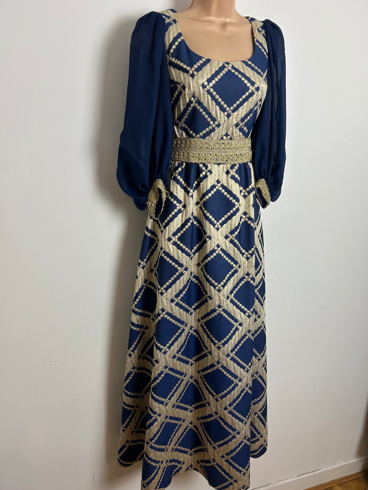 Vintage 1960s Size 6 Navy Blue & Gold Braid Trim Brocade Occasion Evening Maxi Dress