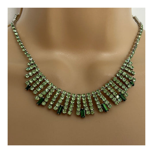 Vintage 1960s Silver Tone & Green Diamante & Cabochon Stone Set Deco Style Paste Necklace
